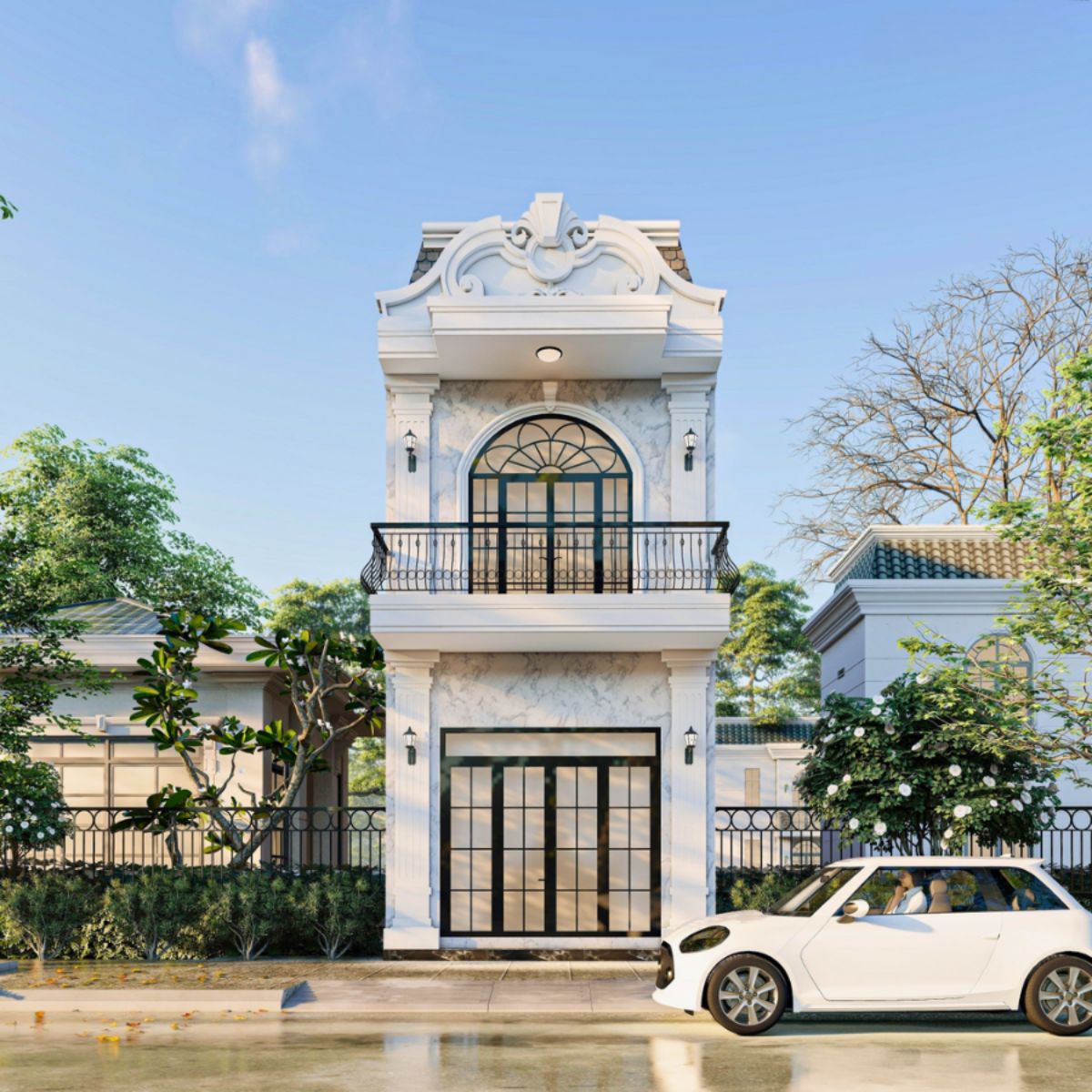 Mẫu nhà 1 trệt 1 lầu 4x18m phong cách tân cổ điển gây ấn tượng với vẻ đẹp sang trọng và trang nhã, lược bỏ hoàn toàn những chi tiết trang trí cầu kỳ (Ảnh: Sưu tầm)