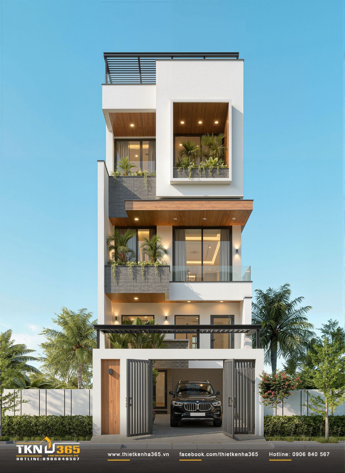 Mẫu nhà 1 trệt 2 lầu có sân thượng 5x15m kết hợp ban công xanh giúp làm mát, giảm bức xạ nhiệt trực tiếp