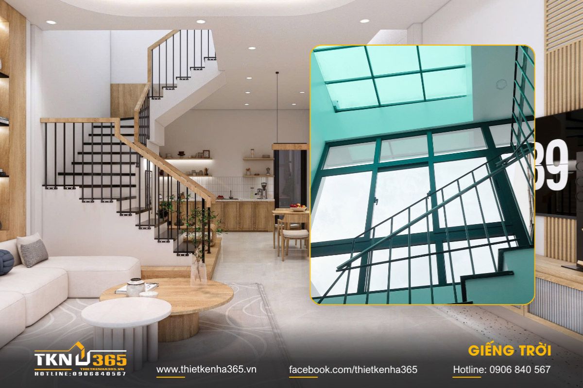 Nhà 1 trệt 2 lầu 5x15m bố trí giếng trời hợp lý để đảm bảo khả năng lấy sáng, thông gió tự nhiên