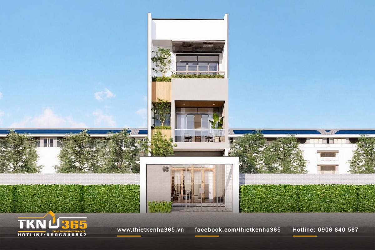 Nhà 1 trệt 2 lầu 5x15m sử dụng hệ cửa kính lớn ở mặt tiền để mở rộng tầm nhìn, đảm bảo ánh sáng tự nhiên len lỏi đến mọi ngóc ngách bên trong