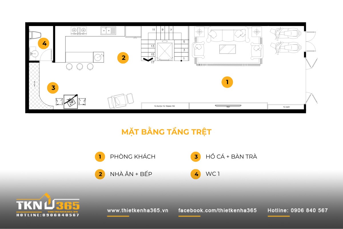 Tầng trệt nhà 1 trệt 2 lầu 5x15m thường bố trí không gian phòng khách - bếp - ăn liên thông