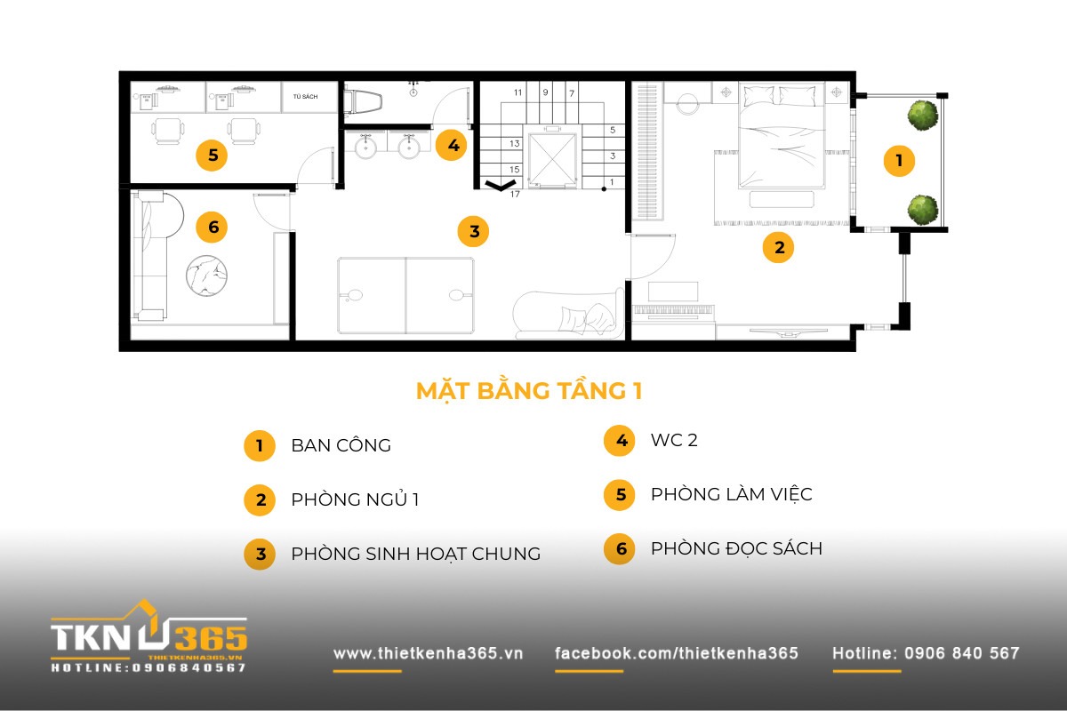 Lầu 1 nhà 1 trệt 2 lầu 5x15m thường có phòng ngủ chính đặt phía trước, tận dụng tầm nhìn rộng thoáng hướng ra ban công