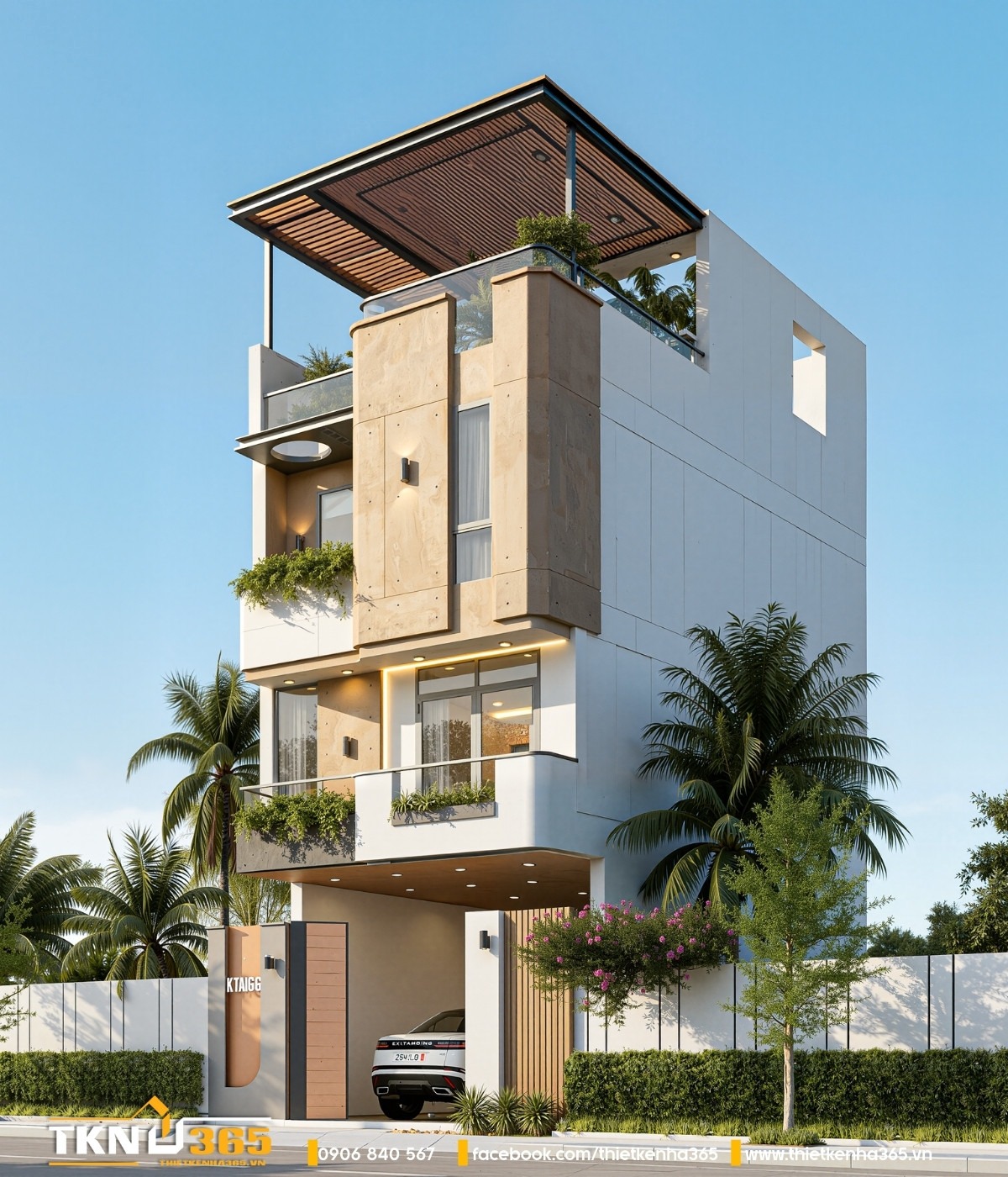 Mẫu nhà 1 trệt 2 lầu có gara 6x15 đảm bảo không gian bố trí gara ô tô rộng thoáng ngay tầng trệt mà không gây ảnh hưởng đến các khu vực chức năng bên trong