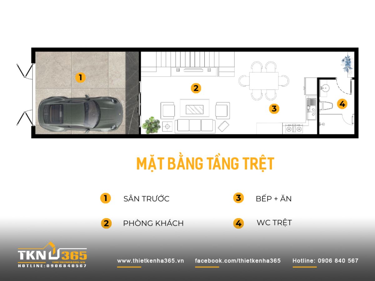 Tầng trệt của nhà 1 trệt 2 lầu 6x15m bố trí phòng khách rộng thoáng phía trước, khu vực bếp - ăn liền kề phía sau