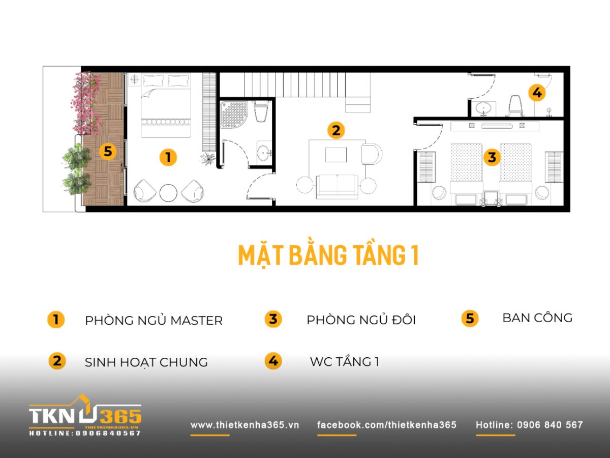 Lầu 1 thường sắp xếp hai phòng ngủ hai bên cùng không gian sinh hoạt chung ở trung tâm