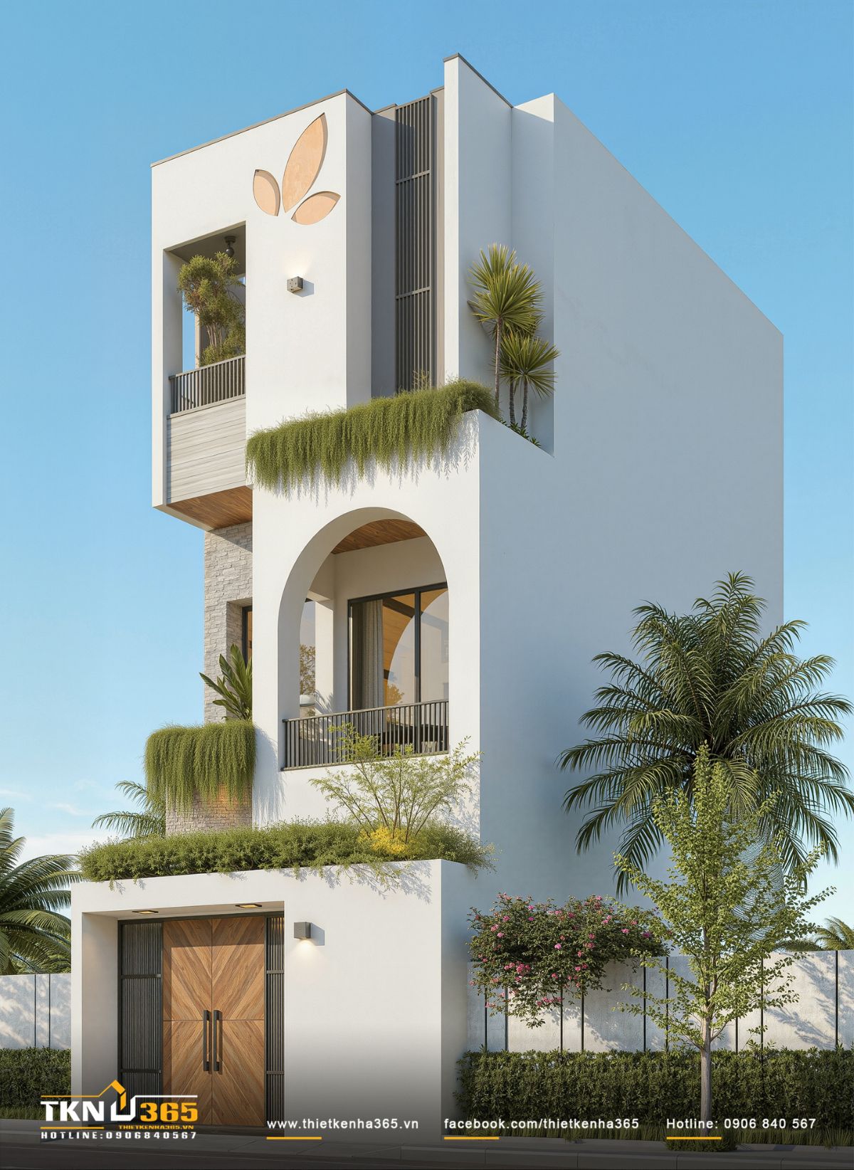 Ban c&ocirc;ng xanh nhiều lớp của nh&agrave; phố 3 tầng gi&uacute;p l&agrave;m mềm h&igrave;nh khối v&agrave; tạo lớp đệm sinh th&aacute;i cho mặt tiền