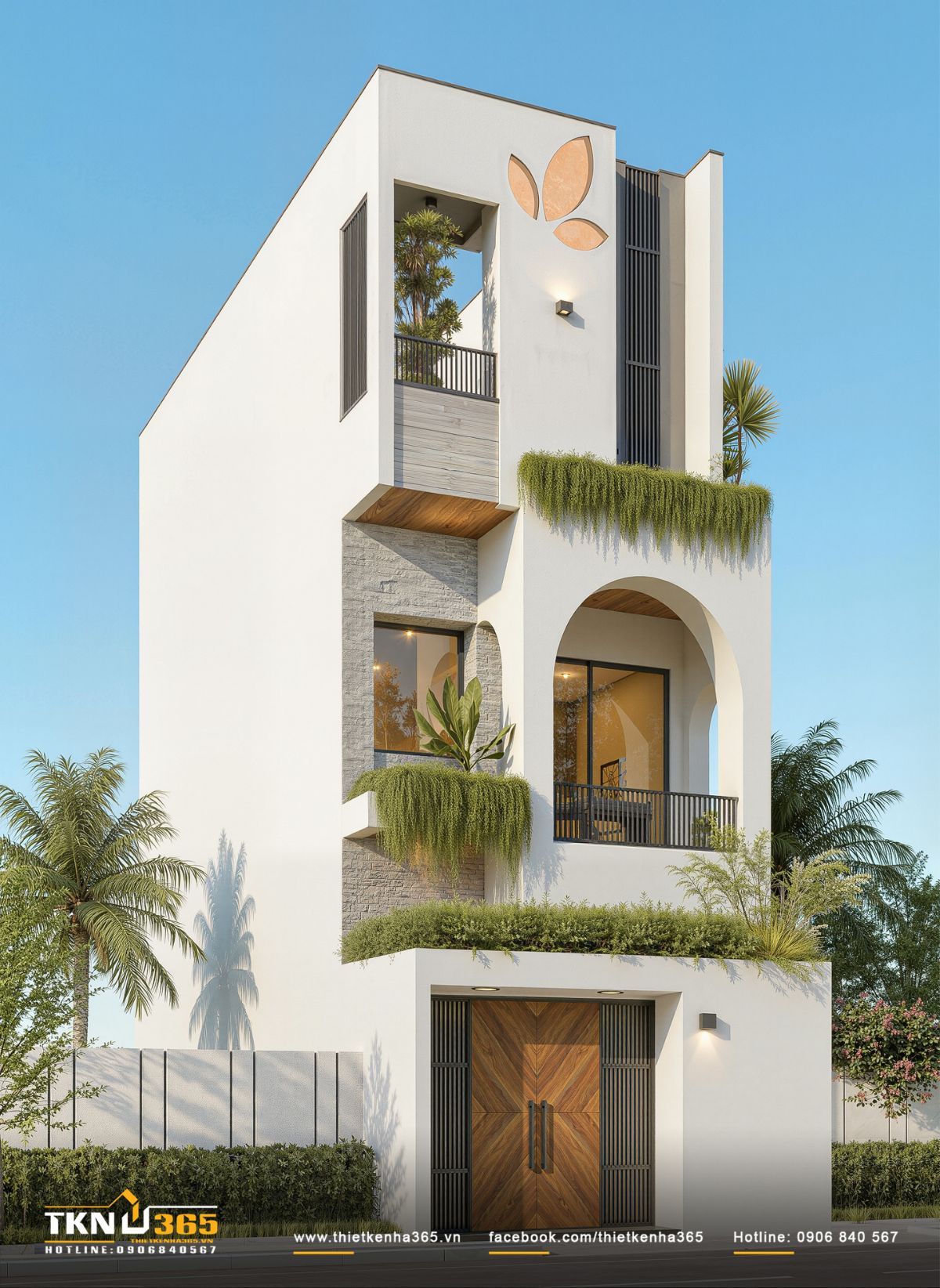 Đường cong lớn tại ban c&ocirc;ng lầu một trở th&agrave;nh điểm nhấn kiến tr&uacute;c, gi&uacute;p mặt tiền nh&agrave; phố 3 tầng trở n&ecirc;n mềm mại v&agrave; gi&agrave;u nhịp điệu