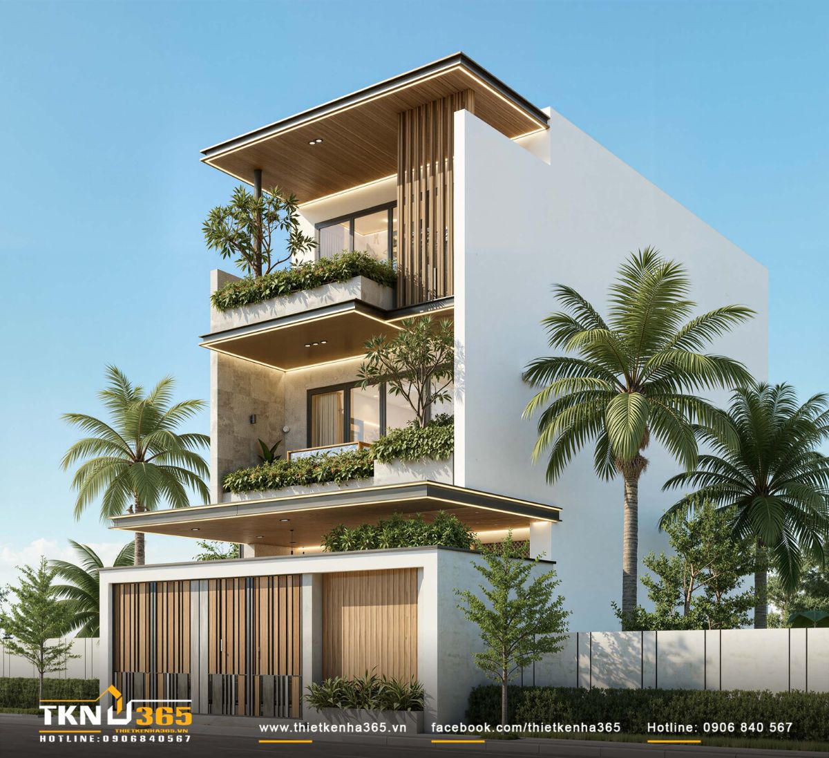 Nhà phố 3 tầng 6x16m thiết kế mặt tiền xanh tạo lớp đệm điều tiết nắng gió