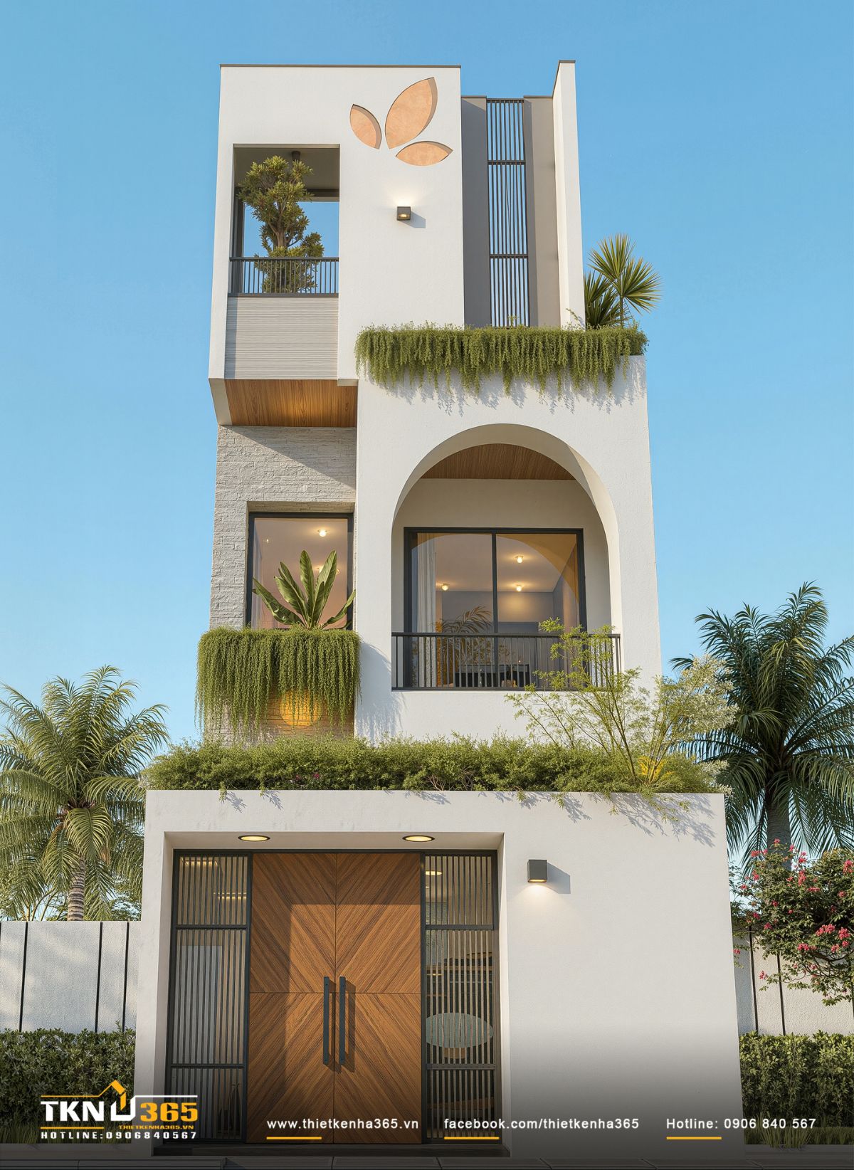 Hệ c&acirc;y xanh bố tr&iacute; dọc ban c&ocirc;ng kết hợp mảng đ&aacute; ốp v&agrave; trần gỗ tạo chiều s&acirc;u vật liệu cho mặt tiền nh&agrave; phố 3 tầng