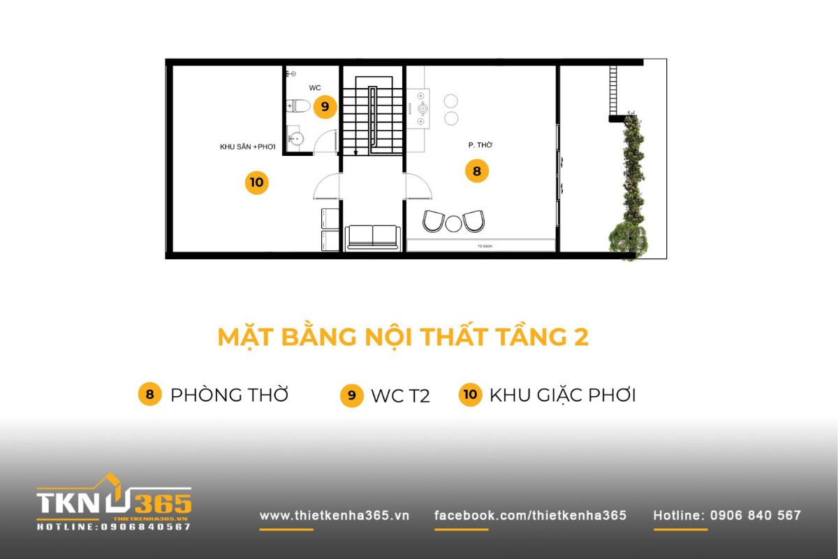 Mặt bằng tầng hai gồm ph&ograve;ng thờ ph&iacute;a trước v&agrave; khu giặt phơi ph&iacute;a sau, ph&acirc;n t&aacute;ch r&otilde; r&agrave;ng c&ocirc;ng năng