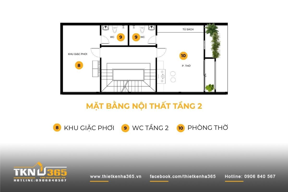Tầng tr&ecirc;n c&ugrave;ng nh&agrave; phố 3 tầng gồm ph&ograve;ng thờ ph&iacute;a trước v&agrave; khu giặt phơi ph&iacute;a sau, ph&acirc;n t&aacute;ch r&otilde; r&agrave;ng giữa kh&ocirc;ng gian sinh hoạt v&agrave; chức năng phụ trợ