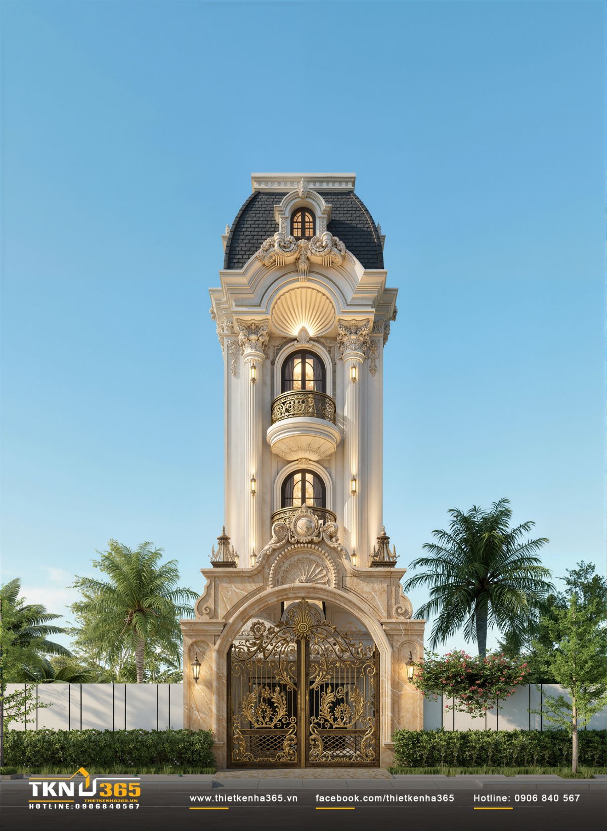 Mặt tiền nh&agrave; phố 4 tầng phong c&aacute;ch t&acirc;n cổ điển nổi bật với trục đối xứng v&agrave; m&aacute;i mansard đặc trưng, tạo n&ecirc;n tỉ lệ kiến tr&uacute;c c&acirc;n đối