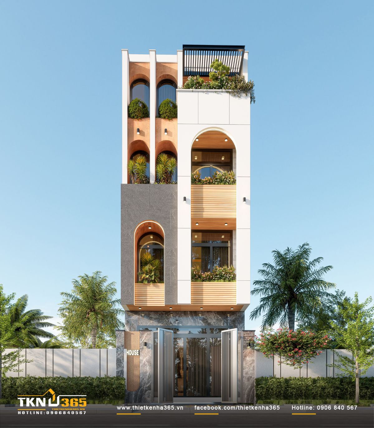 Mặt tiền nh&agrave; phố 4 tầng 5x15m g&acirc;y ấn tượng với hệ v&ograve;m cong v&agrave; c&aacute;c khoảng l&ugrave;i tạo chiều s&acirc;u, kết hợp c&acirc;y xanh để l&agrave;m mềm khối kiến tr&uacute;c