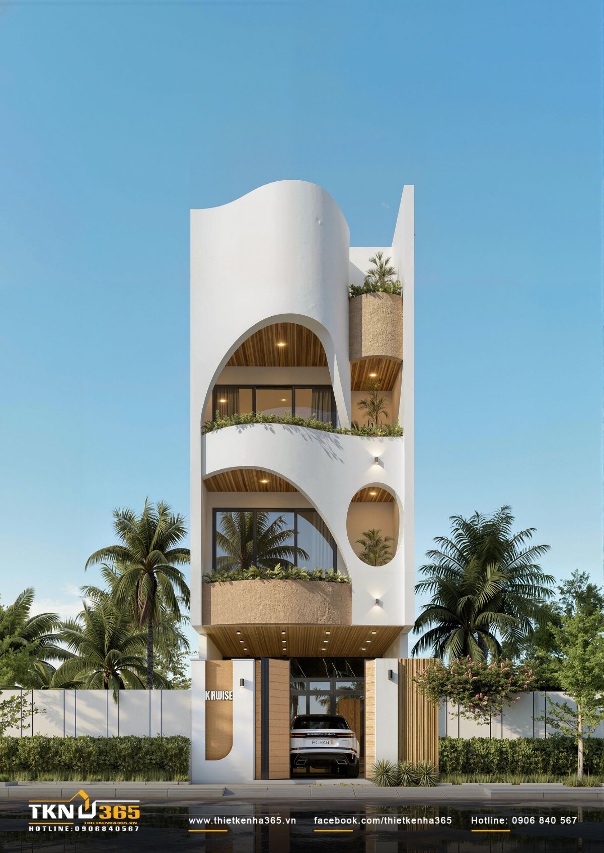 Mặt tiền nh&agrave; phố 4 tầng nổi bật với c&aacute;c đường cong lớn dẫn dắt thị gi&aacute;c theo chiều cao, kết hợp lớp xanh đan xen tạo cảm gi&aacute;c mềm mại v&agrave; tho&aacute;ng nhẹ