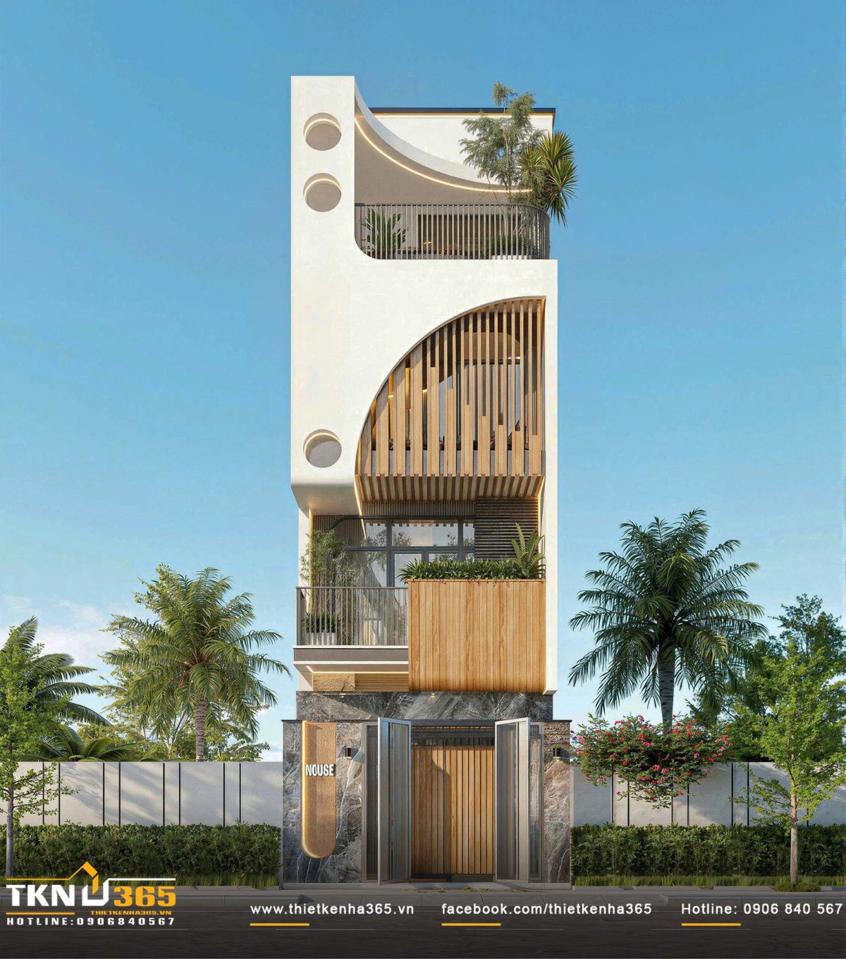 Tổng thể mặt tiền nh&agrave; phố 4 tầng 4x16m nổi bật với đường cong xuy&ecirc;n tầng gi&uacute;p điều chỉnh tỷ lệ cao - hẹp của khối nh&agrave;