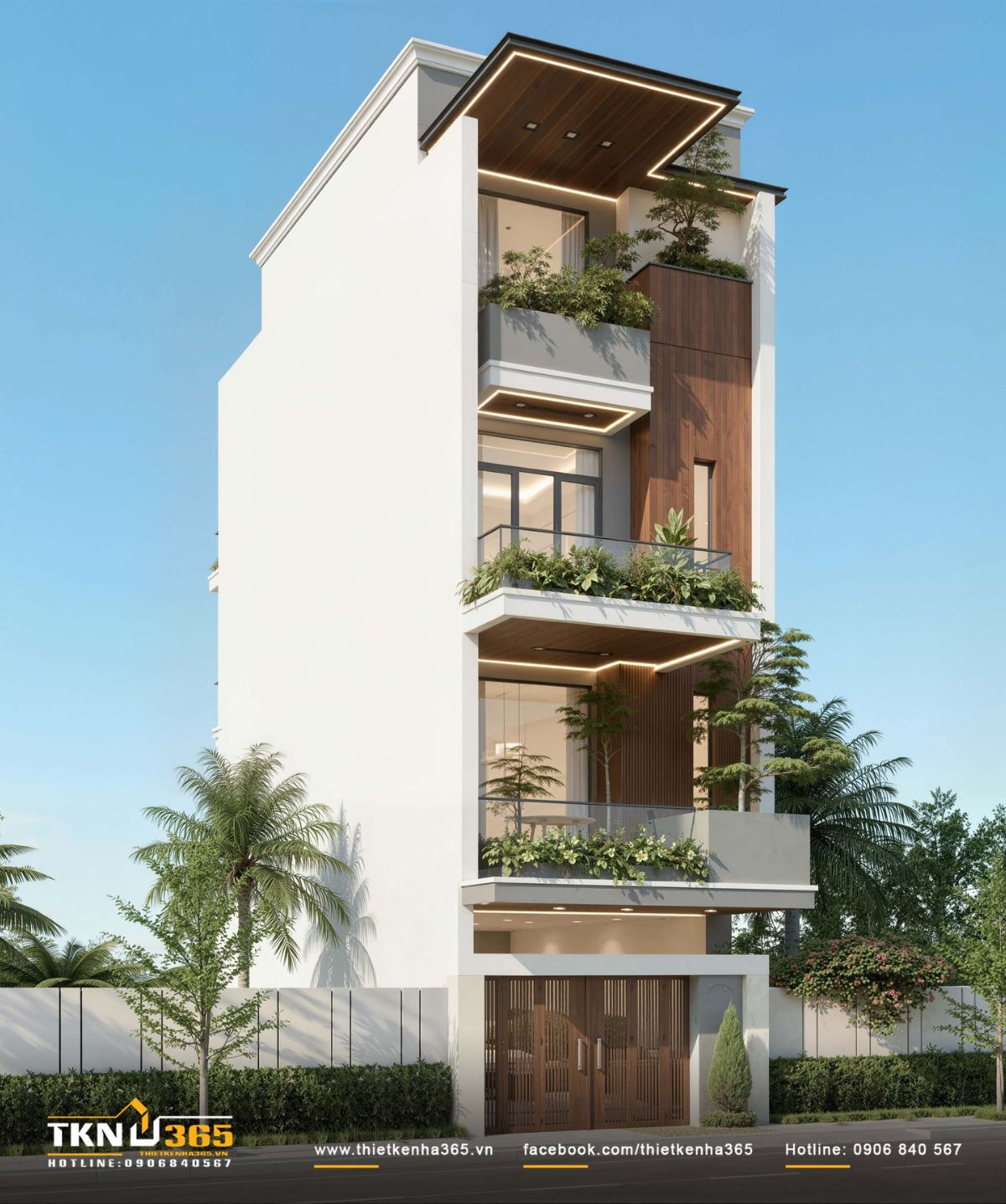 C&aacute;c khối ban c&ocirc;ng đua ra kết hợp bồn c&acirc;y lớn gi&uacute;p nh&agrave; phố 4 tầng 4x18m giảm nắng v&agrave; tăng khoảng thở tự nhi&ecirc;n