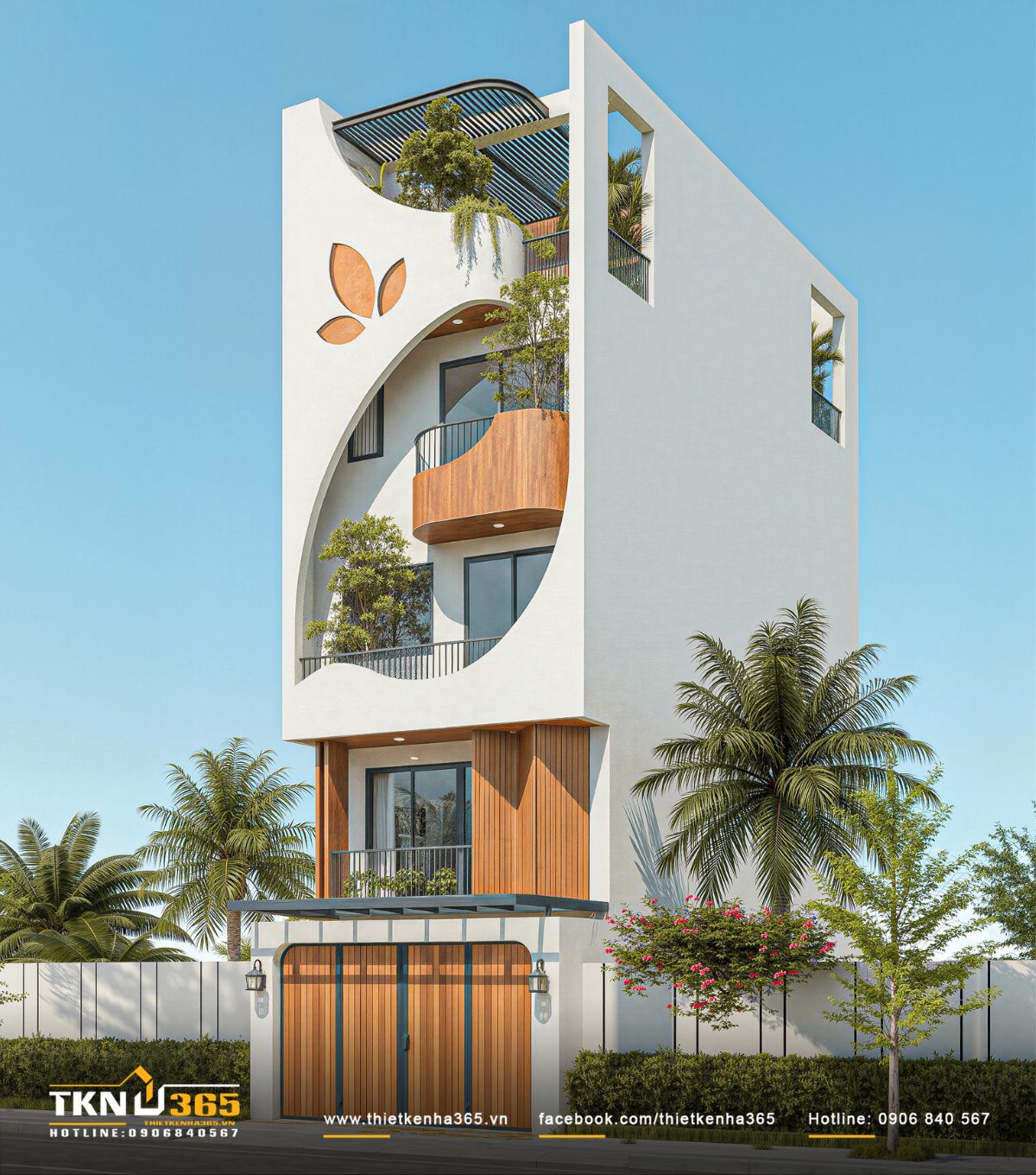 Ban c&ocirc;ng gỗ uốn cong kết hợp c&acirc;y xanh gi&uacute;p mặt tiền nh&agrave; phố 4 tầng trở n&ecirc;n gần gũi v&agrave; gi&agrave;u sức sống