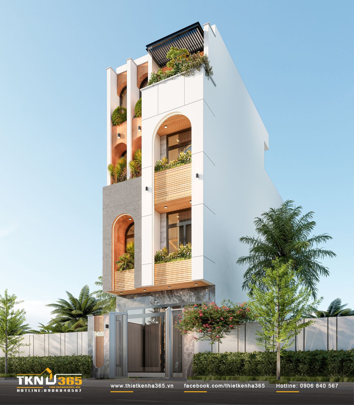 Thiết kế nh&agrave; phố 4 tầng sử dụng lớp mặt tiền nhiều tầng &aacute;nh s&aacute;ng v&agrave; b&oacute;ng đổ, gi&uacute;p c&ocirc;ng tr&igrave;nh lu&ocirc;n c&oacute; sự chuyển động theo thời gian trong ng&agrave;y