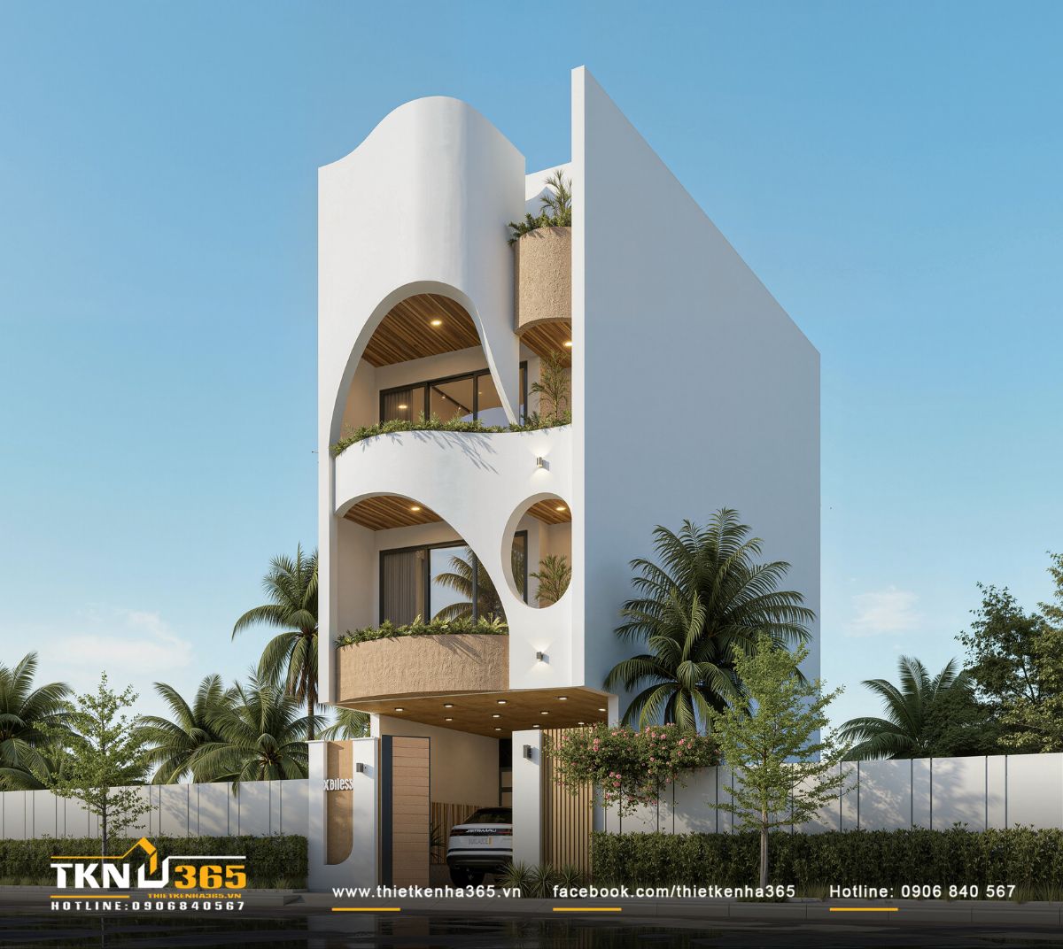 Sự đan xen giữa mảng đặc v&agrave; khoảng rỗng c&ugrave;ng ban c&ocirc;ng bo cong v&agrave; bồn c&acirc;y tạo chiều s&acirc;u cho c&ocirc;ng tr&igrave;nh nh&agrave; phố 4 tầng