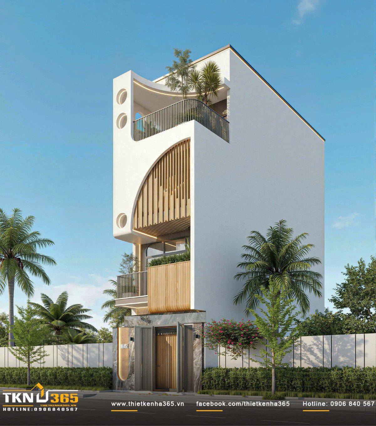 Nh&agrave; phố 4 tầng ưu ti&ecirc;n sử dụng mảng cong kết hợp lam gỗ đứng để tạo chiều s&acirc;u v&agrave; chuyển động thị gi&aacute;c