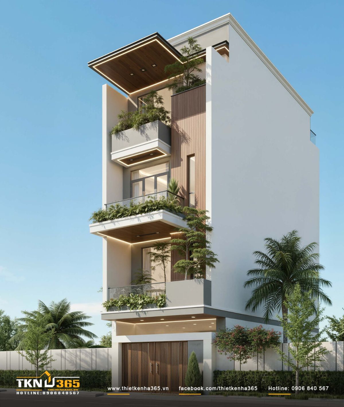 Mảng ốp gỗ chạy dọc mặt tiền tạo điểm nhấn ấm &aacute;p cho thiết kế nh&agrave; phố 4 tầng 4x18m hiện đại