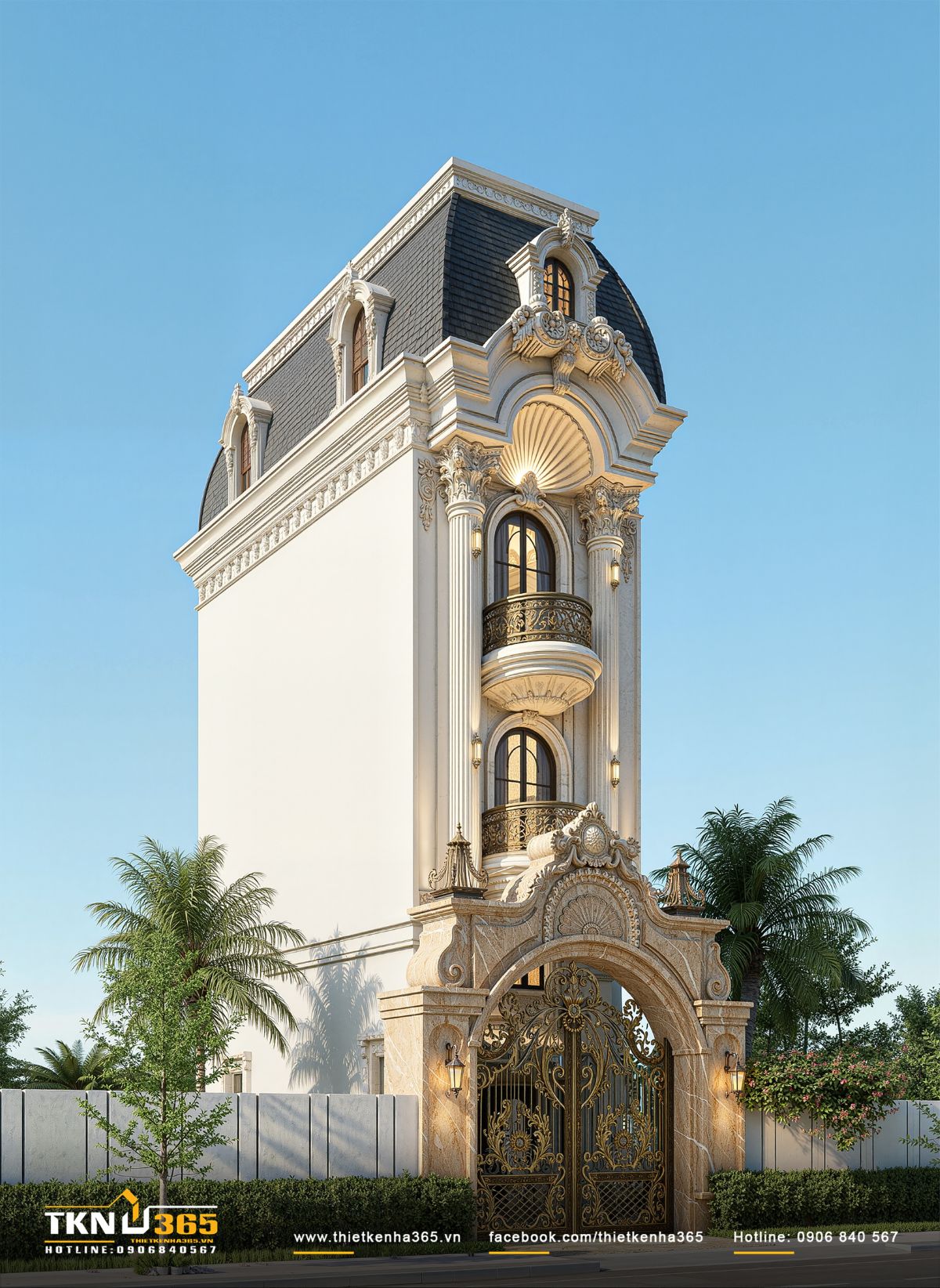 Hệ cột giả chạy suốt hai tầng c&ugrave;ng ban c&ocirc;ng b&aacute;n nguyệt gi&uacute;p mặt tiền 4m trở n&ecirc;n thanh tho&aacute;t v&agrave; c&oacute; chiều s&acirc;u kiến tr&uacute;c