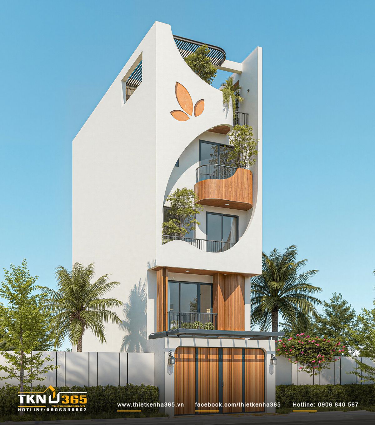 Những đường cong lớn &ocirc;m trọn mặt tiền, tạo chiều s&acirc;u kiến tr&uacute;c cho nh&agrave; phố 4 tầng hiện đại