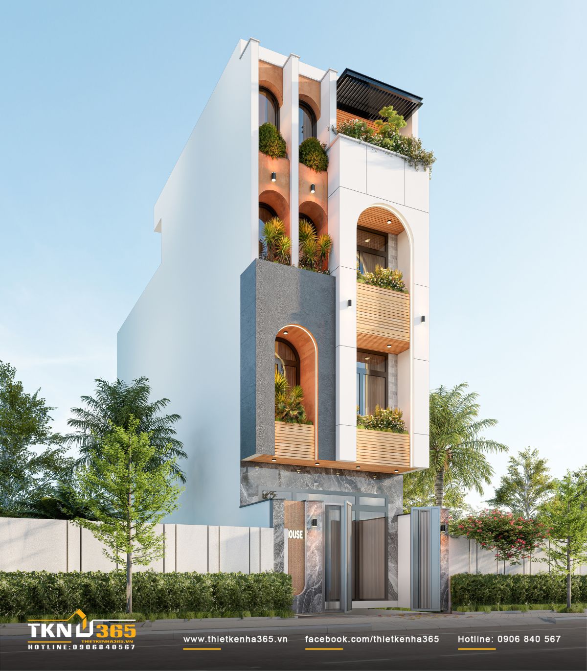 Nh&agrave; phố 4 tầng hiện đại c&acirc;n bằng giữa mảng tường phẳng, lam gỗ v&agrave; ban c&ocirc;ng xanh, tạo n&ecirc;n tổng thể h&agrave;i h&ograve;a v&agrave; gần gũi với thi&ecirc;n nhi&ecirc;n