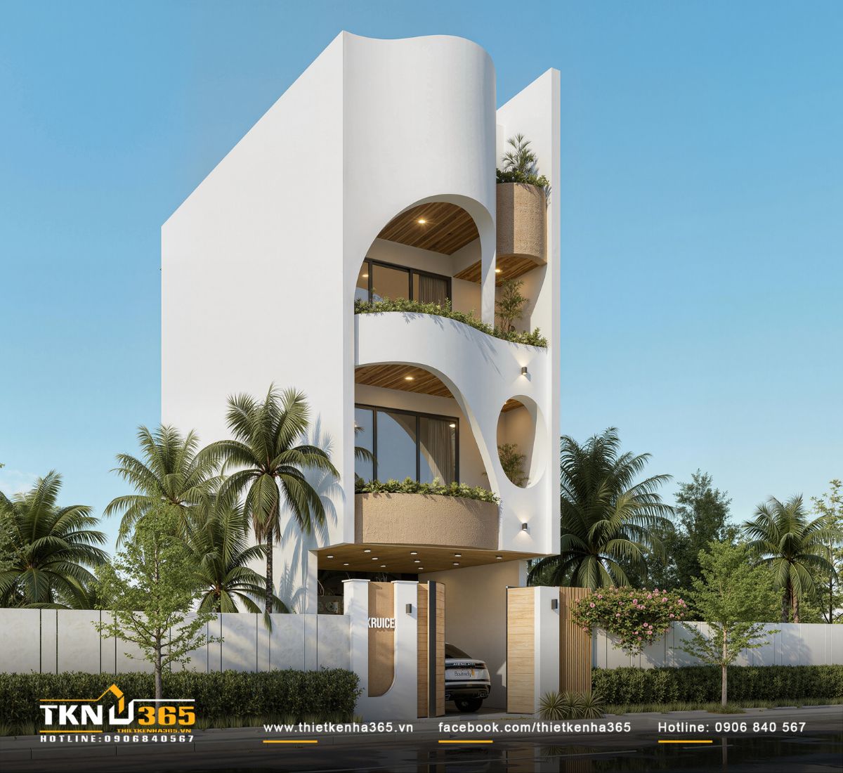 H&igrave;nh khối uốn cong kết hợp bảng m&agrave;u trung t&iacute;nh v&agrave; trần gỗ ấm &aacute;p gi&uacute;p mặt tiền nh&agrave; phố 4 tầng giữ được sự c&acirc;n bằng, nhẹ nh&agrave;ng trong tổng thể kiến tr&uacute;c hiện đại