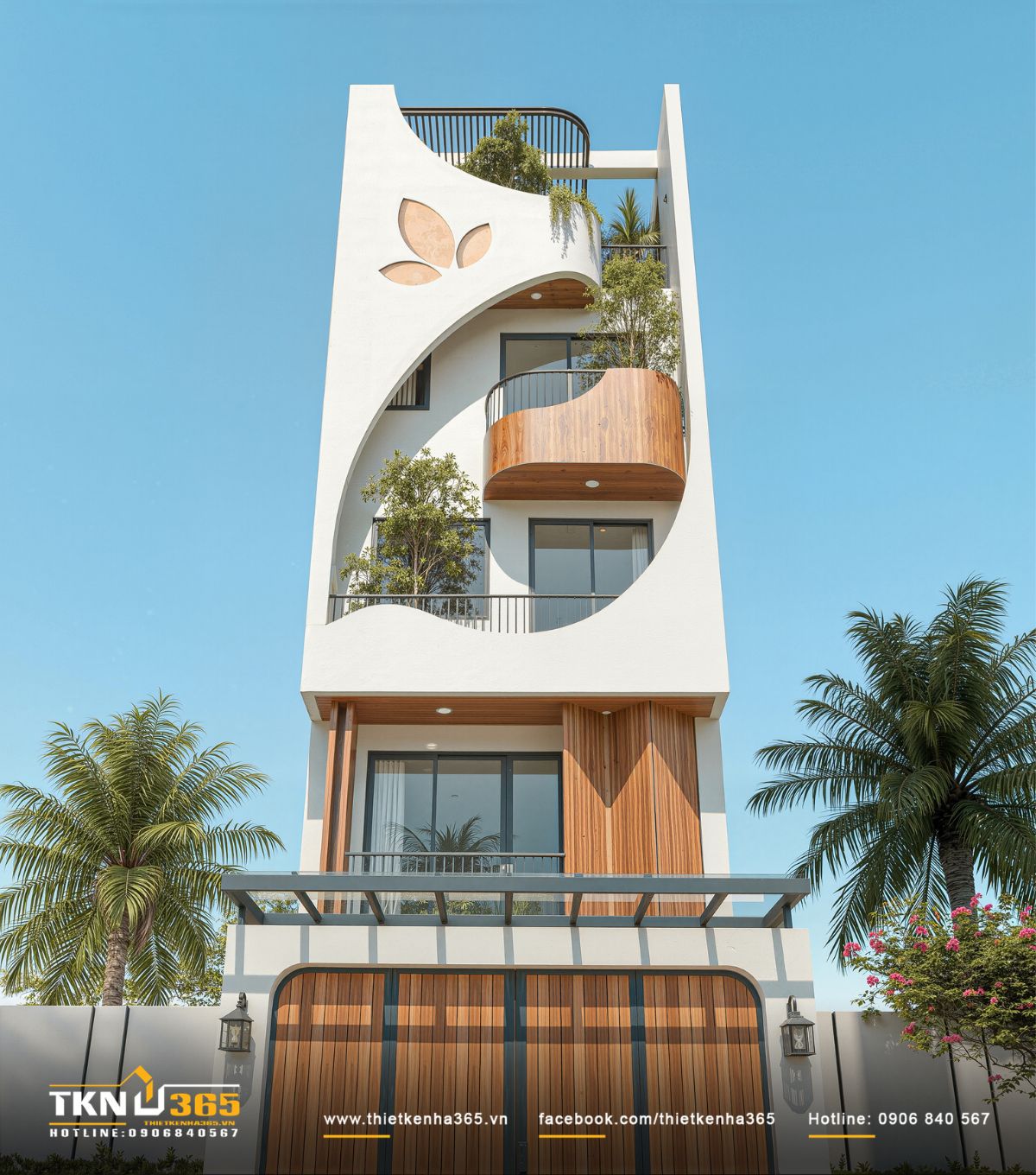 Vật liệu gỗ đ&oacute;ng vai tr&ograve; tạo điểm nhấn ấm &aacute;p, gi&uacute;p mặt tiền nh&agrave; phố 4 tầng trở n&ecirc;n mềm mại v&agrave; gần gũi hơn