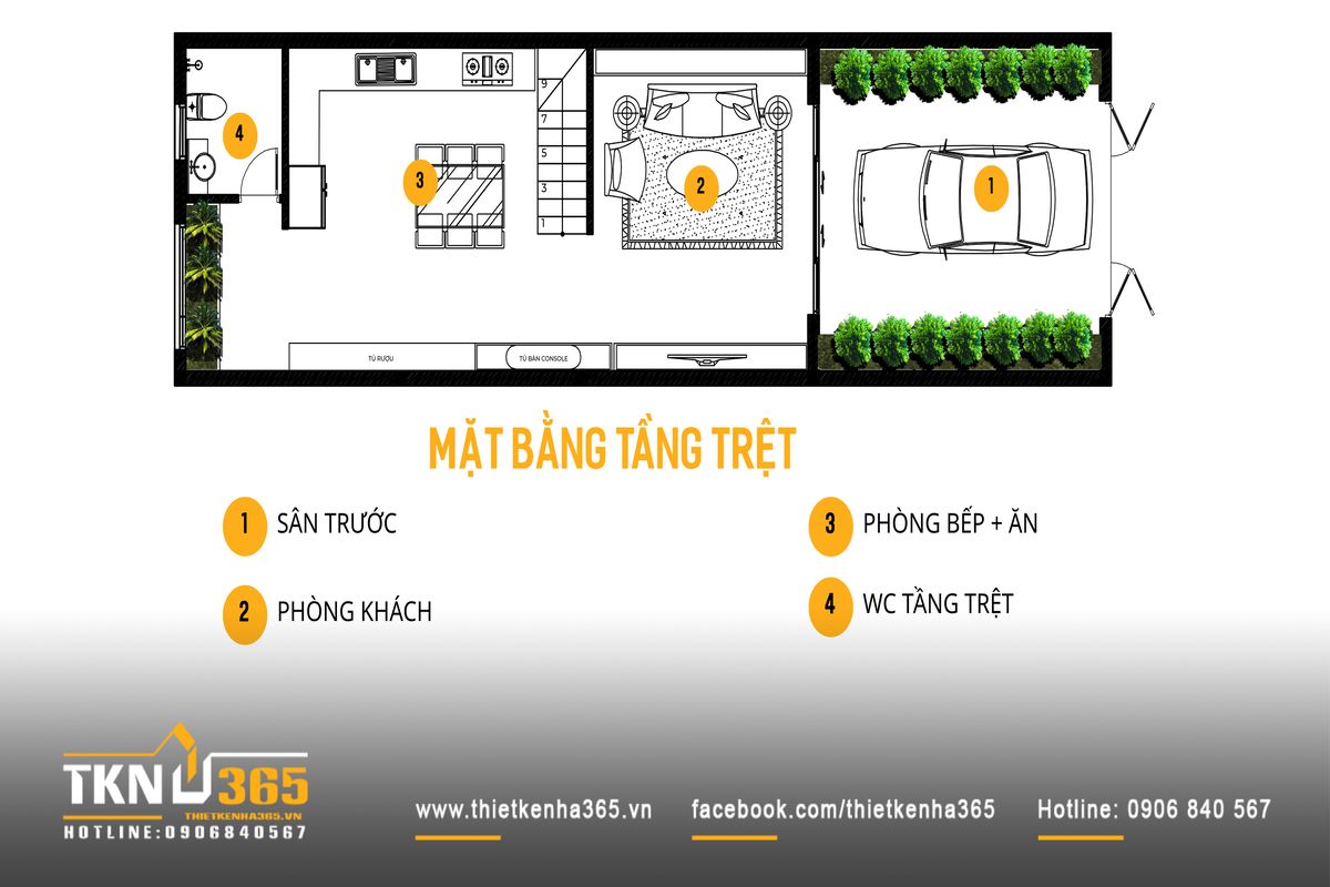 Bố cục tầng trệt nh&agrave; phố 4 tầng tổ chức theo trục dọc với s&acirc;n trước, ph&ograve;ng kh&aacute;ch, bếp - ăn li&ecirc;n th&ocirc;ng v&agrave; l&otilde;i thang trung t&acirc;m, đảm bảo sinh hoạt thuận tiện