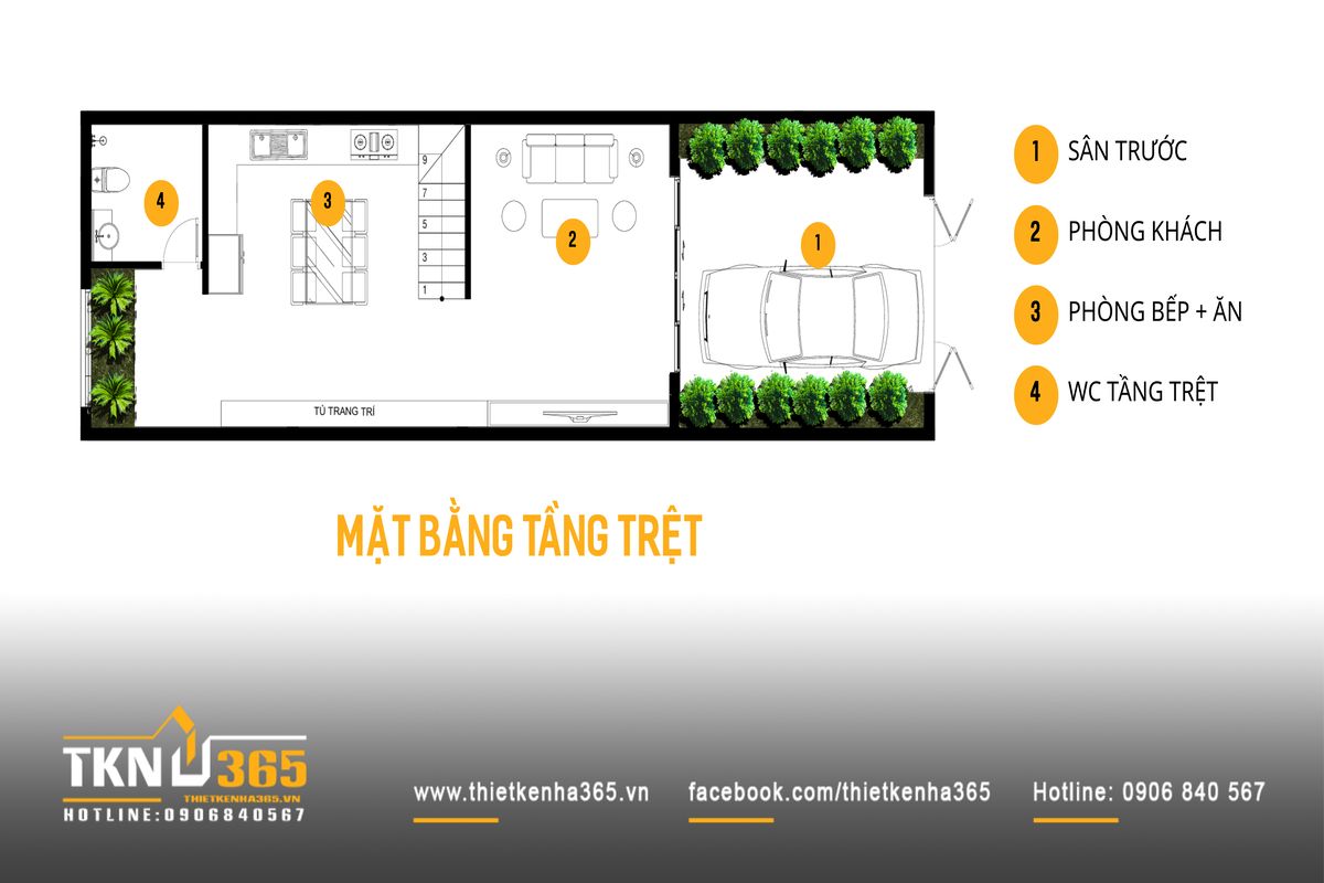 Mặt bằng tầng trệt nh&agrave; phố 4 tầng 4x18m bố tr&iacute; s&acirc;n trước để xe, ph&ograve;ng kh&aacute;ch ph&iacute;a trước v&agrave; khu bếp - ăn ph&iacute;a sau theo trục kh&ocirc;ng gian li&ecirc;n tục
