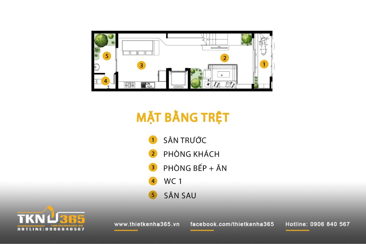 Mặt bằng tầng trệt nh&agrave; phố 4 tầng bố tr&iacute; li&ecirc;n th&ocirc;ng từ s&acirc;n trước, ph&ograve;ng kh&aacute;ch đến bếp v&agrave; s&acirc;n sau, tạo d&ograve;ng chảy sinh hoạt thuận tiện v&agrave; tho&aacute;ng kh&iacute;