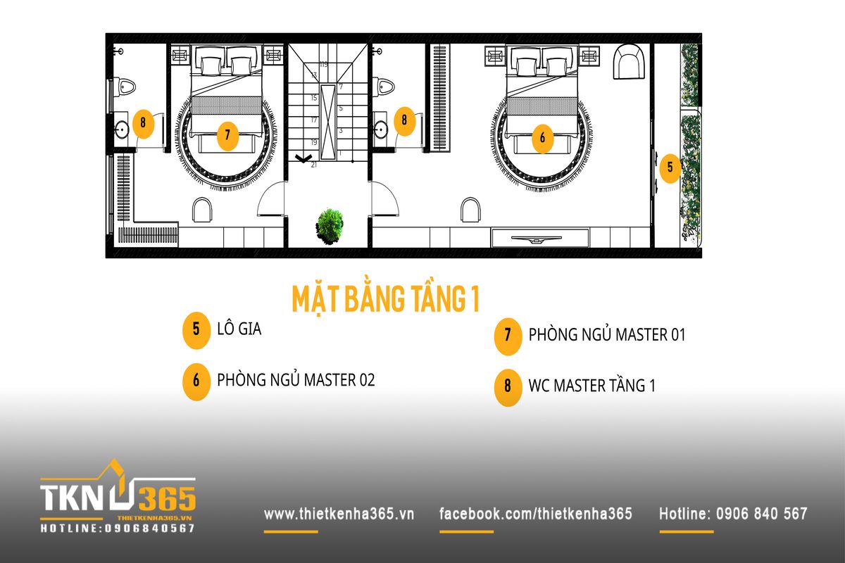 Hai ph&ograve;ng ngủ bố tr&iacute; hai b&ecirc;n l&otilde;i thang, tiếp cận logia v&agrave; khoảng xanh ph&iacute;a trước, tạo sự th&ocirc;ng tho&aacute;ng v&agrave; ri&ecirc;ng tư