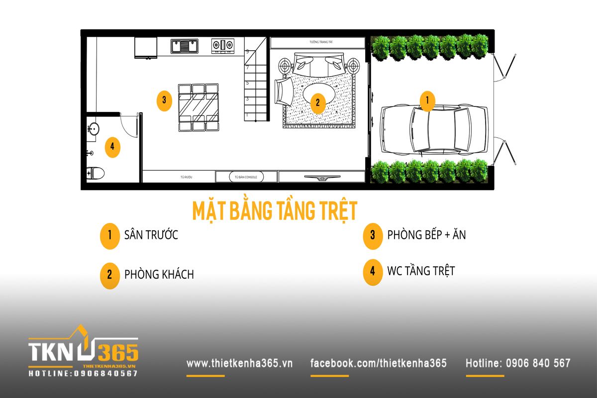 Mặt bằng tầng trệt nh&agrave; phố 4 tầng 5x15m bố tr&iacute; s&acirc;n trước, ph&ograve;ng kh&aacute;ch v&agrave; bếp - ăn li&ecirc;n th&ocirc;ng, tạo kh&ocirc;ng gian sinh hoạt chung thuận tiện cho gia đ&igrave;nh