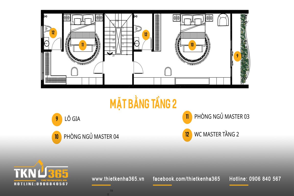 Mặt bằng tầng 2 tổ chức tương tự tầng 1 với hai ph&ograve;ng ngủ v&agrave; WC ri&ecirc;ng, duy tr&igrave; sự đồng nhất v&agrave; ổn định trong sinh hoạt gia đ&igrave;nh