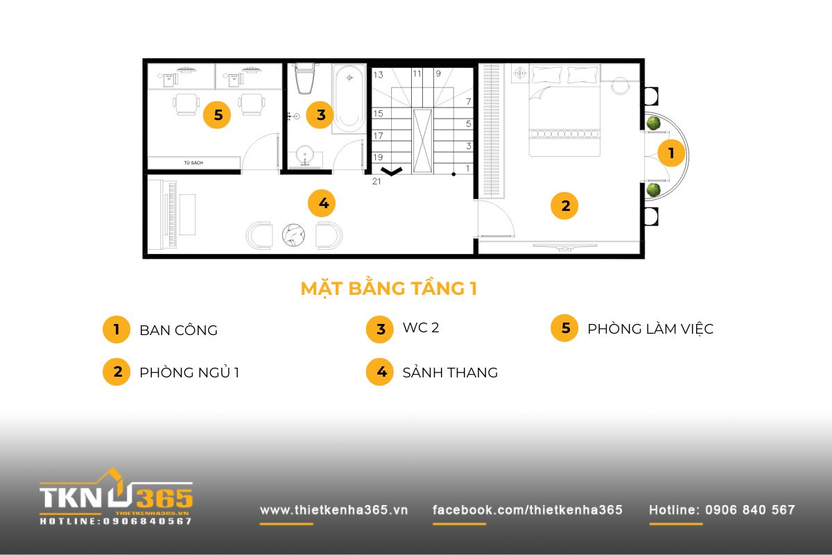 Tầng 1 bố tr&iacute; ph&ograve;ng ngủ lớn ph&iacute;a trước kết hợp ban c&ocirc;ng đ&oacute;n s&aacute;ng, ph&iacute;a sau l&agrave; ph&ograve;ng l&agrave;m việc y&ecirc;n tĩnh phục vụ nhu cầu đọc s&aacute;ch v&agrave; xử l&yacute; c&ocirc;ng việc