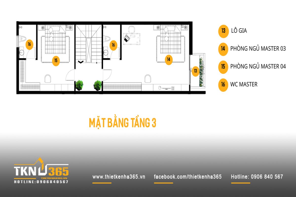 Mặt bằng tầng 3 tiếp tục bố tr&iacute; hai ph&ograve;ng ngủ master c&ugrave;ng khu vệ sinh ri&ecirc;ng, đảm bảo sự ri&ecirc;ng tư cho c&aacute;c th&agrave;nh vi&ecirc;n