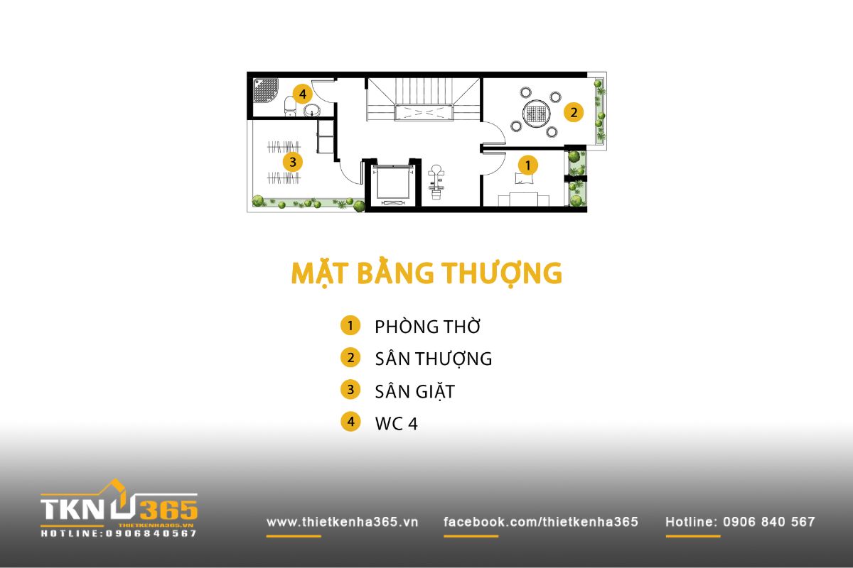 Mặt bằng tầng thượng nh&agrave; phố 4 tầng bố tr&iacute; ph&ograve;ng thờ, s&acirc;n thượng v&agrave; khu giặt, tạo kh&ocirc;ng gian ngo&agrave;i trời gi&uacute;p c&acirc;n bằng nhịp sống h&agrave;ng ng&agrave;y