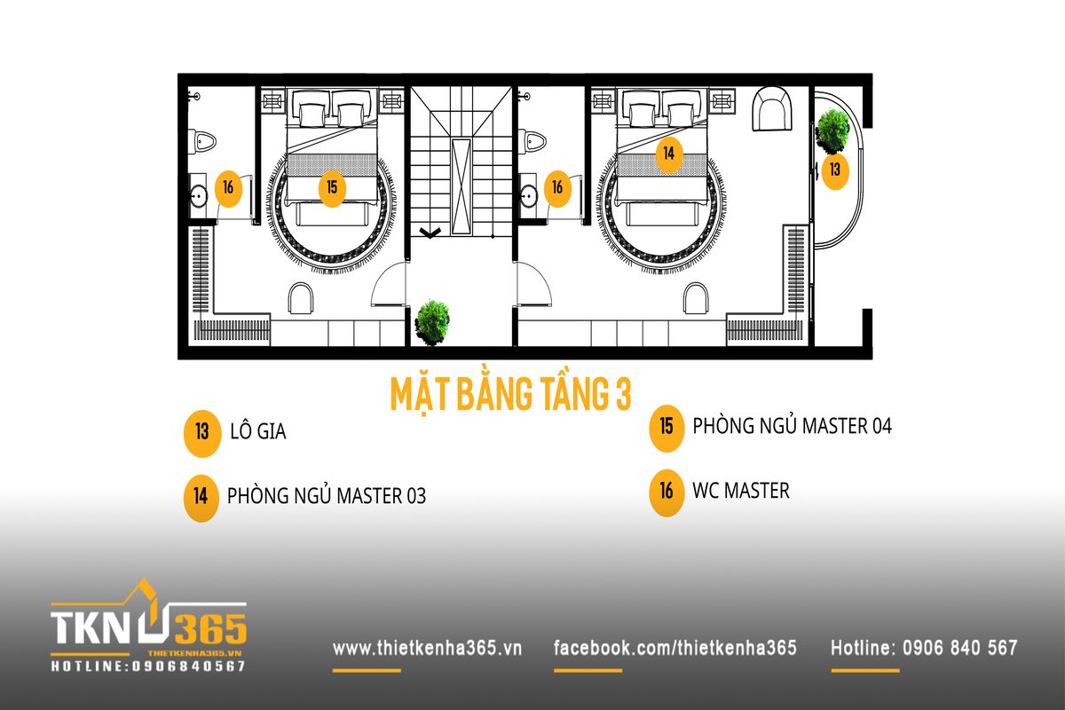 Mặt bằng tầng 3 của nh&agrave; phố 4 tầng 5x15m tổ chức th&ecirc;m hai ph&ograve;ng ngủ v&agrave; khu vệ sinh ri&ecirc;ng, đ&aacute;p ứng nhu cầu sinh hoạt của gia đ&igrave;nh đ&ocirc;ng người