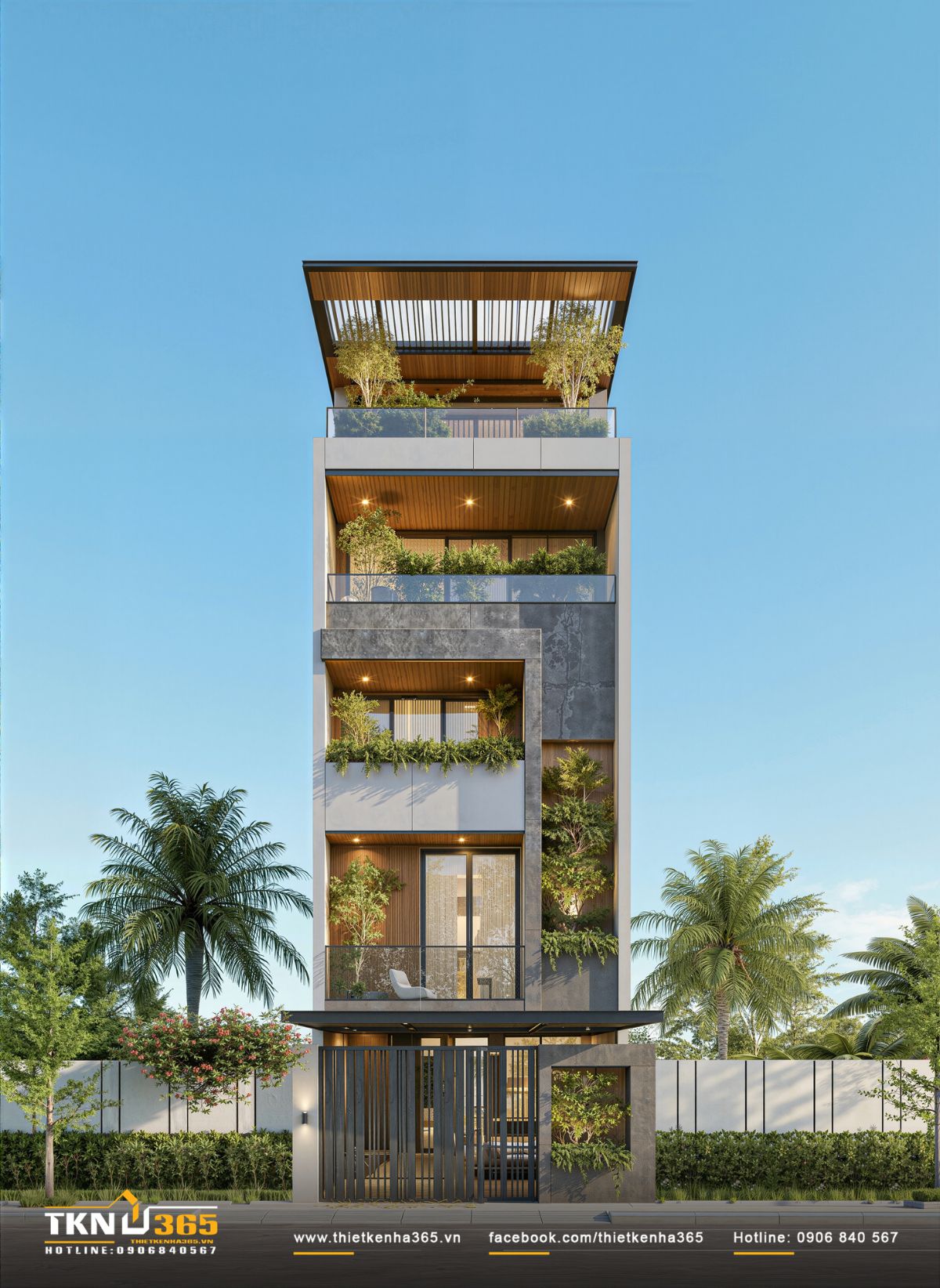 Mặt tiền nhà phố 5 tầng nổi bật với ban công phủ cây xanh, tạo cảm giác như một khu vườn thẳng đứng giữa phố