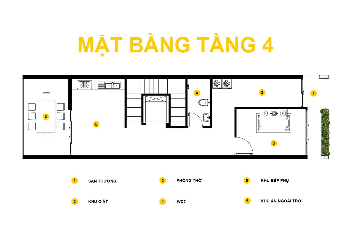 Tầng thượng nhà phố 5 tầng gồm phòng thờ, khu bếp phụ và khu ăn uống ngoài trời, mở ra không gian sinh hoạt thoáng đãng trên cao