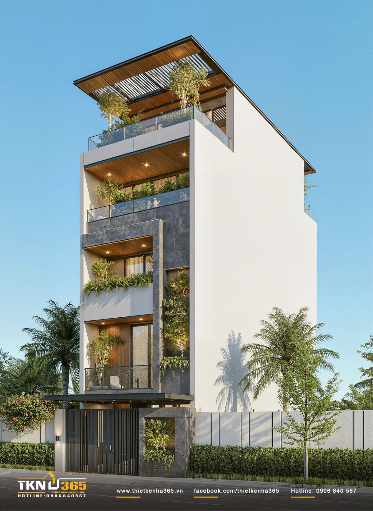 Hình khối vuông vức kết hợp đá xám và lam gỗ, giúp nhà phố 5 tầng trở nên hiện đại và vững chãi