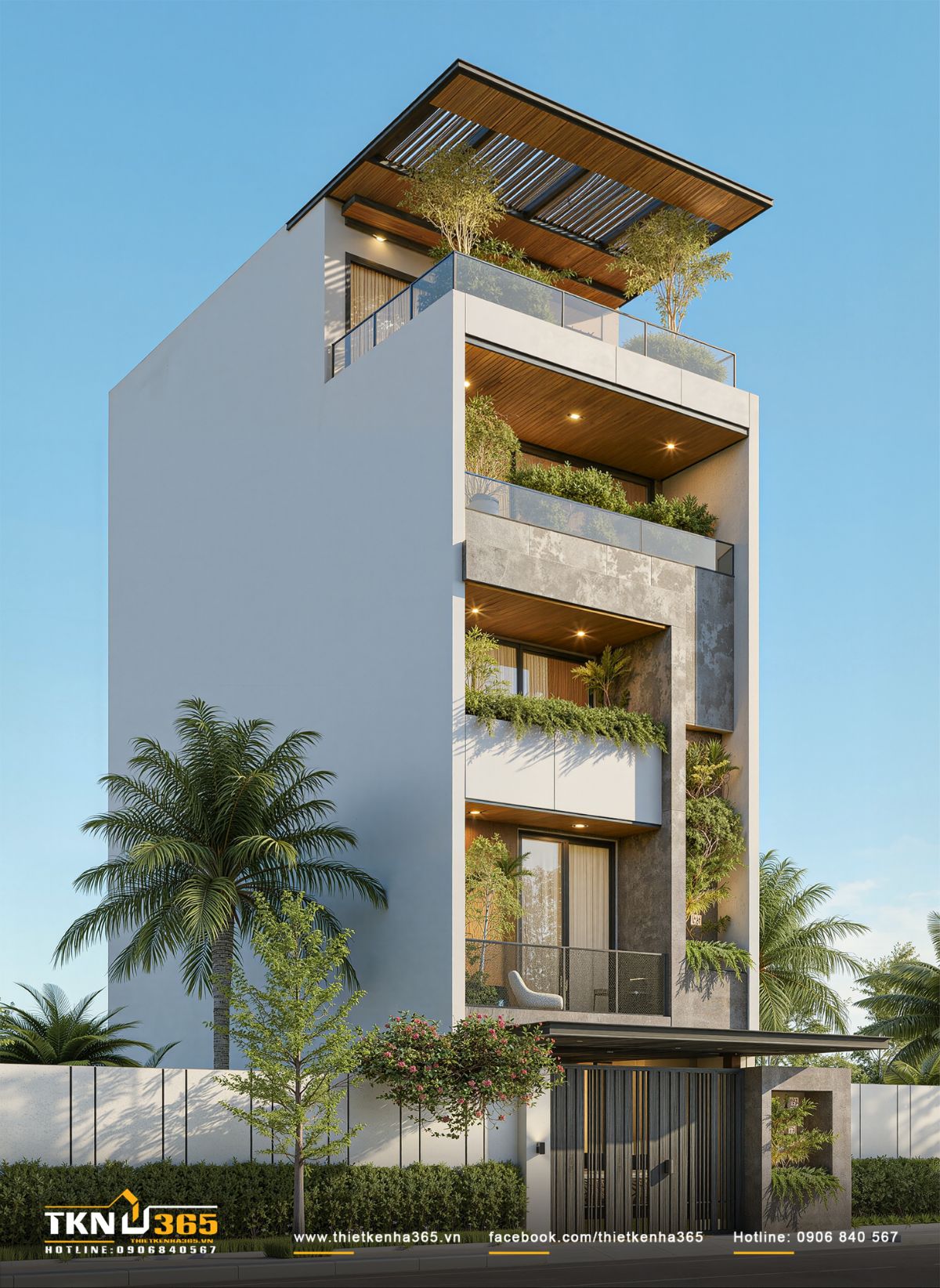 Ban công của nhà phố 5 tầng được bố trí cây xanh xen kẽ, mang lại lớp đệm tự nhiên cho mặt tiền