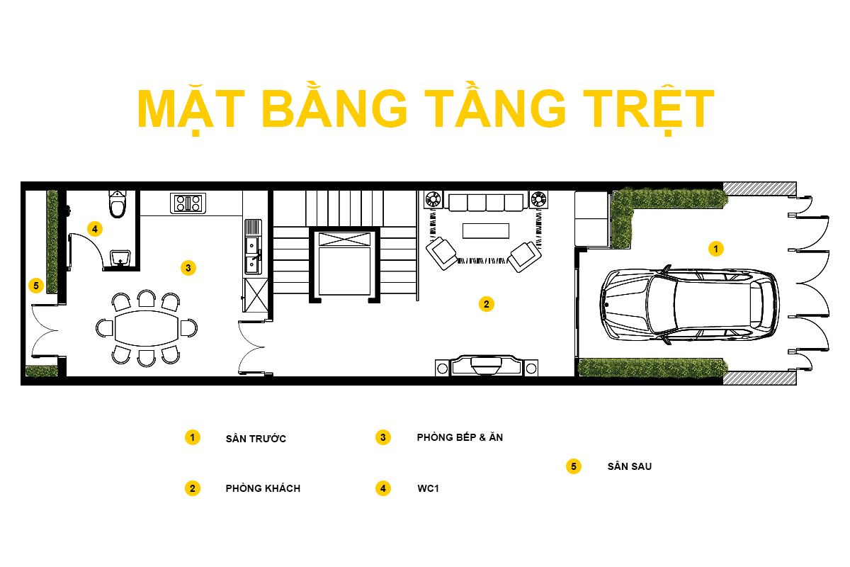 Tầng trệt nhà phố 5 tầng gồm sân trước, phòng khách và bếp - ăn liên thông, tạo không gian sinh hoạt chung rộng rãi cho gia đình