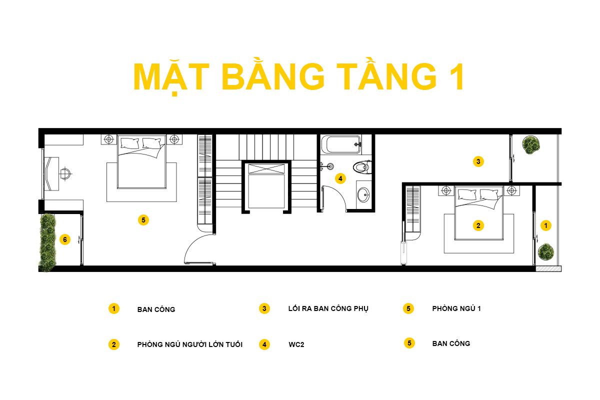 Tầng 1 của nhà phố 5 tầng bố trí hai phòng ngủ, trong đó có một phòng ngủ dành cho người lớn tuổi, kết nối với các ban công đón gió và ánh sáng tự nhiên