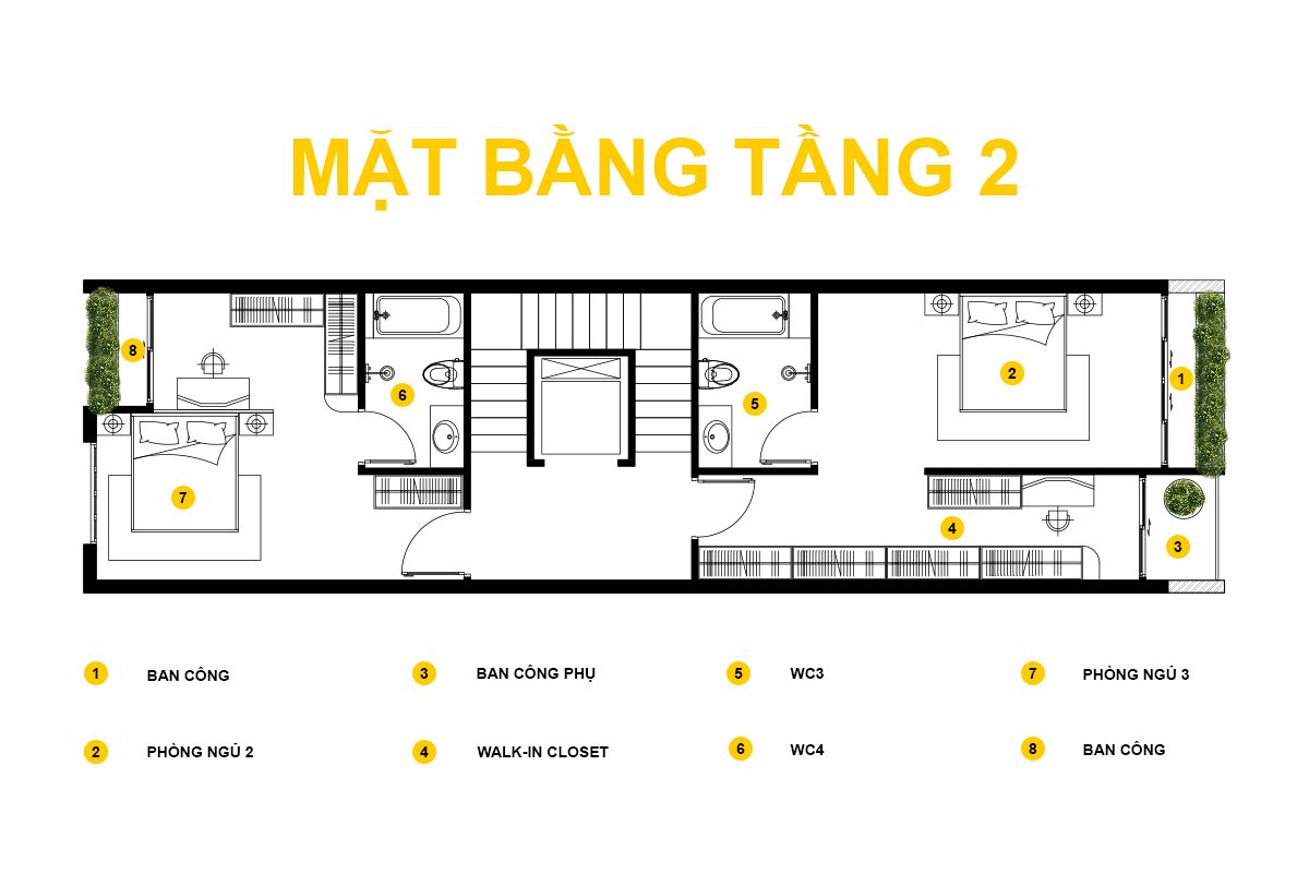 Tầng 2 nhà phố 5 tầng tổ chức các phòng ngủ chính cùng khu thay đồ và ban công, đảm bảo sự riêng tư và tiện nghi