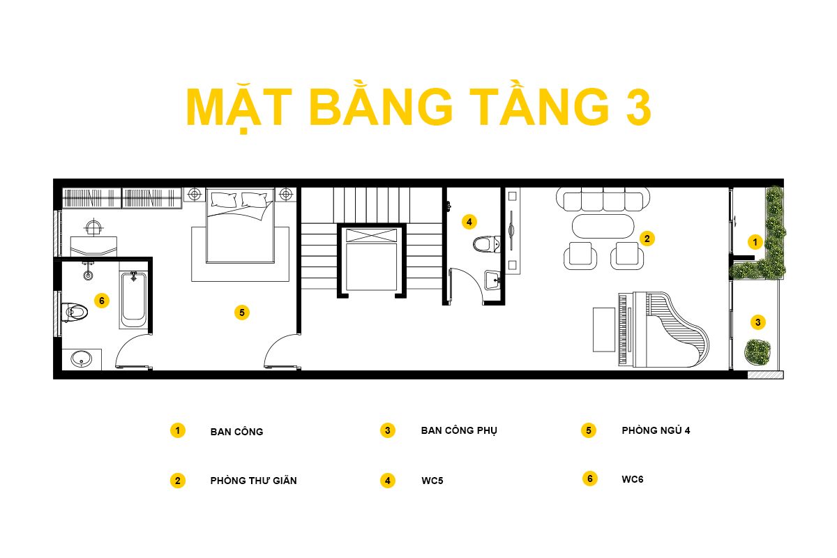 Mặt bằng tầng 3 nhà phố 5 tầng bố trí phòng thư giãn và phòng ngủ, tạo không gian nghỉ ngơi yên tĩnh cho gia đình