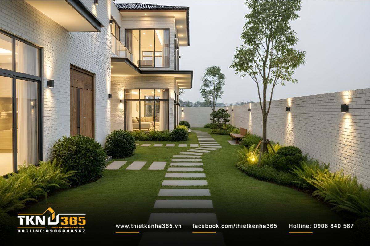 Sân vườn trong biệt thự 2 tầng 10x15m bố trí hợp lý, mang luồng không khí mát mẻ đến mọi ngóc ngách bên trong