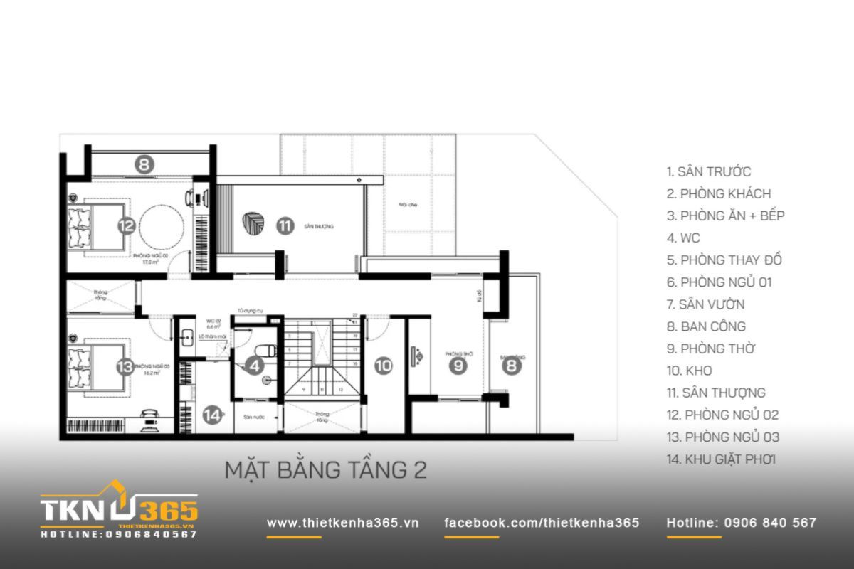 Tầng 2 biệt thự 2 tầng 10x15m thường có 2 - 3 phòng ngủ, đảm bảo không gian sinh hoạt riêng tư cho các thành viên trong gia đình